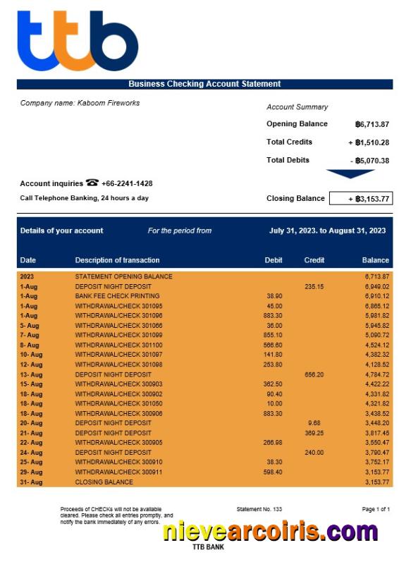 TTB Bank corporate checking account statement